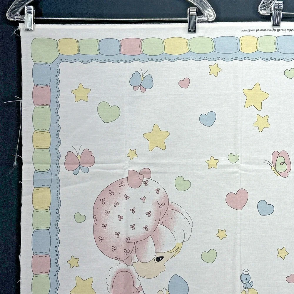 Vtg 1998 Precious Moments Boy Girl Crib Blanket/Sheet Fabric Panel Hearts Stars
